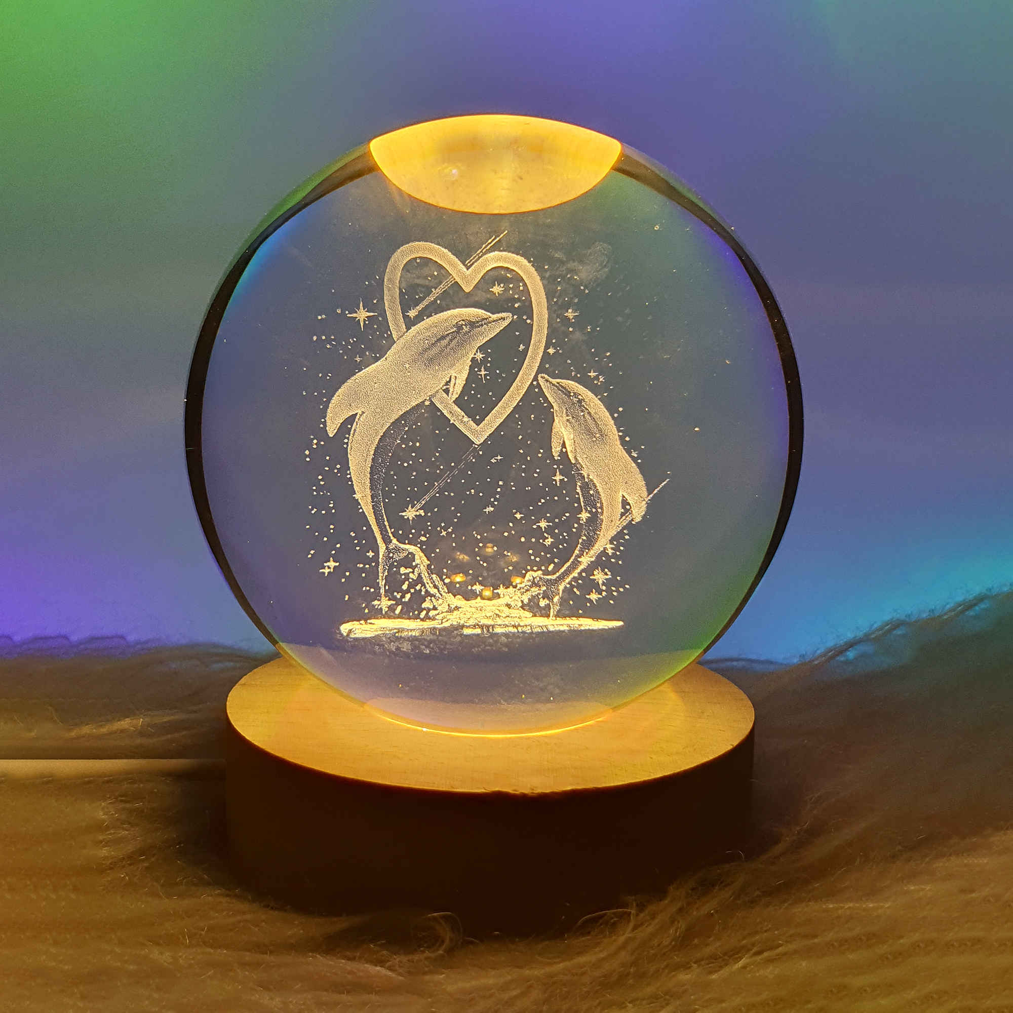 Lampe boule de cristal – veilleuse féerique cœur et baleine