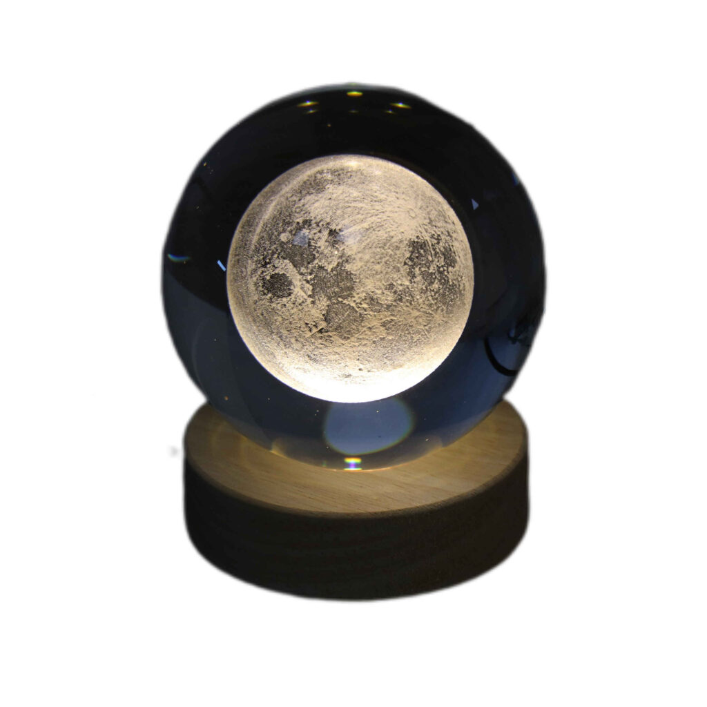 Lampe boule de cristal – veilleuse espace avec lune