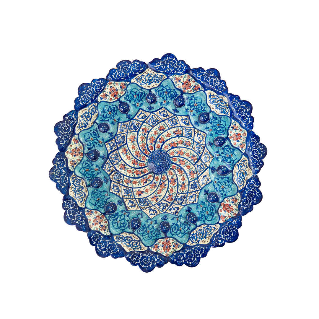 Assiette décorative en cuivre Minakari persan – Peinte à la main avec des motifs floraux bleus complexes