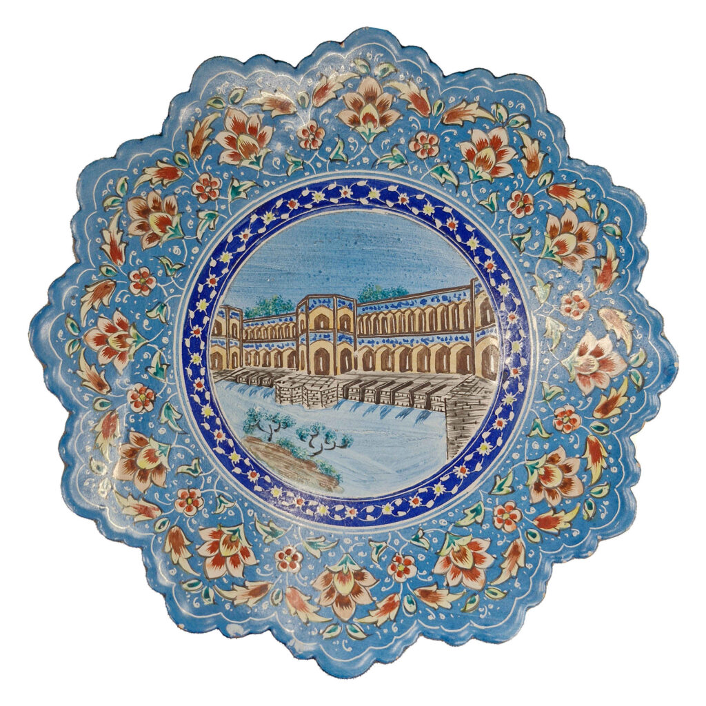 Plaque décorative en cuivre Minakari persane – Peinte à la main avec motif floral complexe en bleu