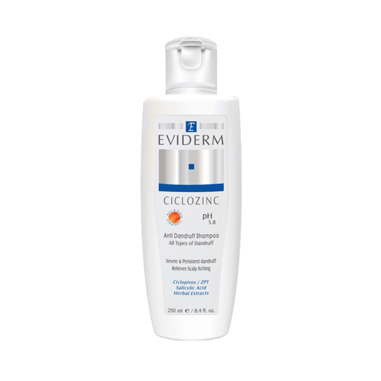 Shampooing antipelliculaire et anti-démangeaisons Eviderm, adapté à tous les types de pellicules, contient du Ciclopirox 250 ml.