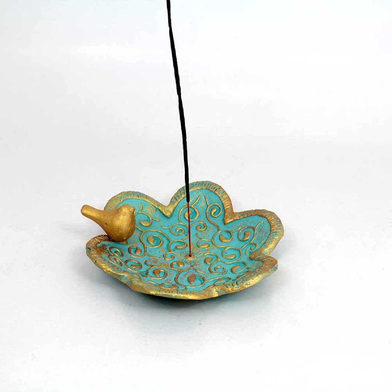 Porte-encens en poterie artisanale – Motif oiseaux et fleurs en turquoise