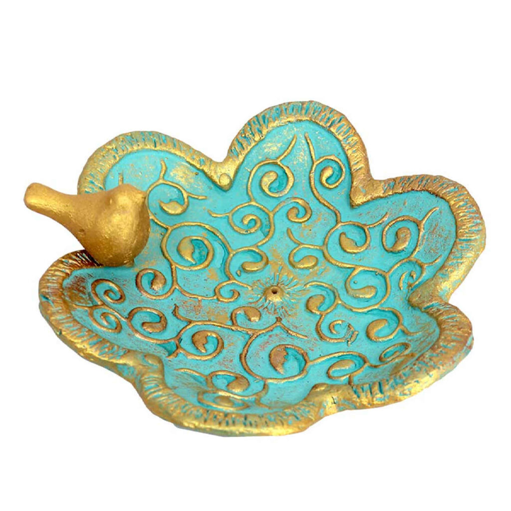 Porte-encens en poterie artisanale – Motif oiseaux et fleurs en turquoise