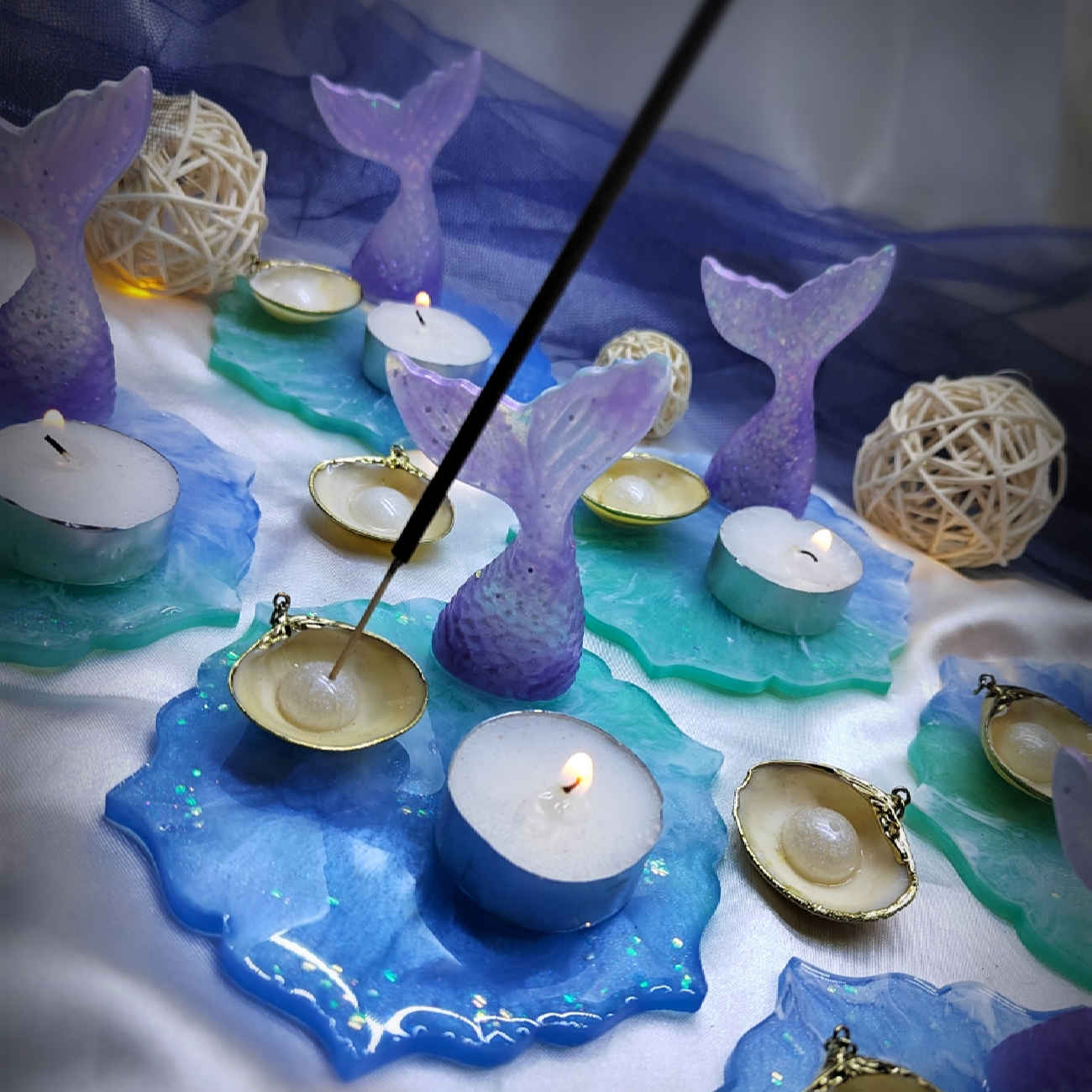 Porte-encens en résine artisanale – Motif mer et poissons