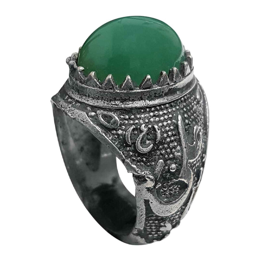 Bague en argent Agate yéménite islamique pour hommes avec pierre verte et design Ya Ali