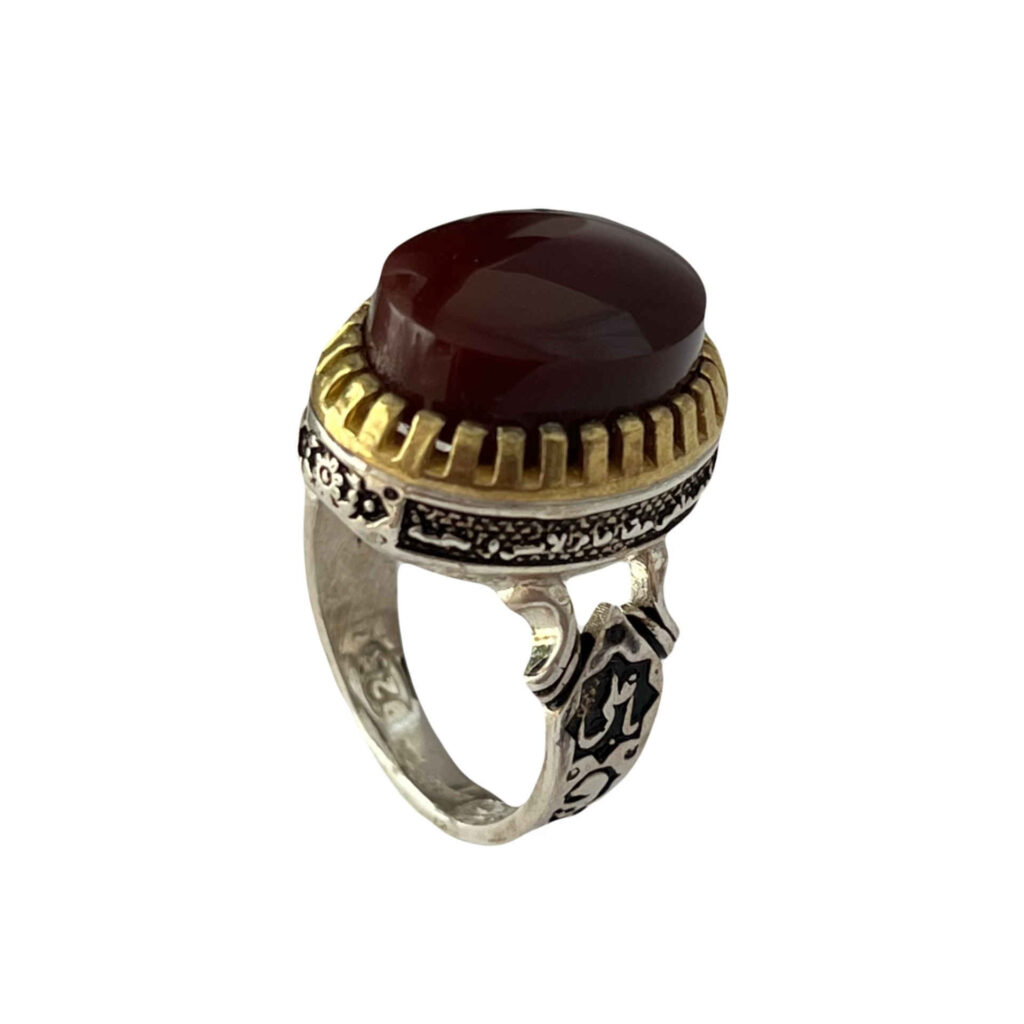Bague en argent Agate yéménite islamique pour hommes avec pierre rouge et design Ya Ali