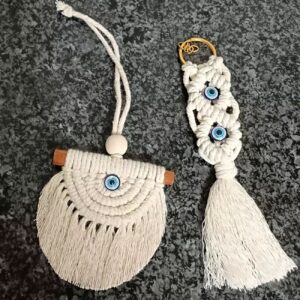 Ensemble Porte-clés et Décoration de Rétroviseur Macramé avec Motif Œil Protecteur