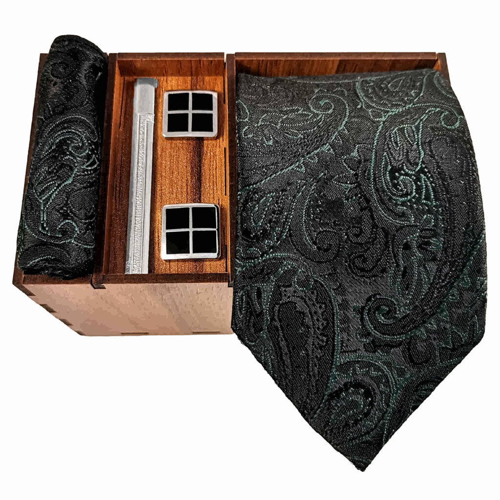 Ensemble Cravate avec Pochette, Boutons de Manchette et Pince à Cravate avec Motif Paisley Vert Foncé