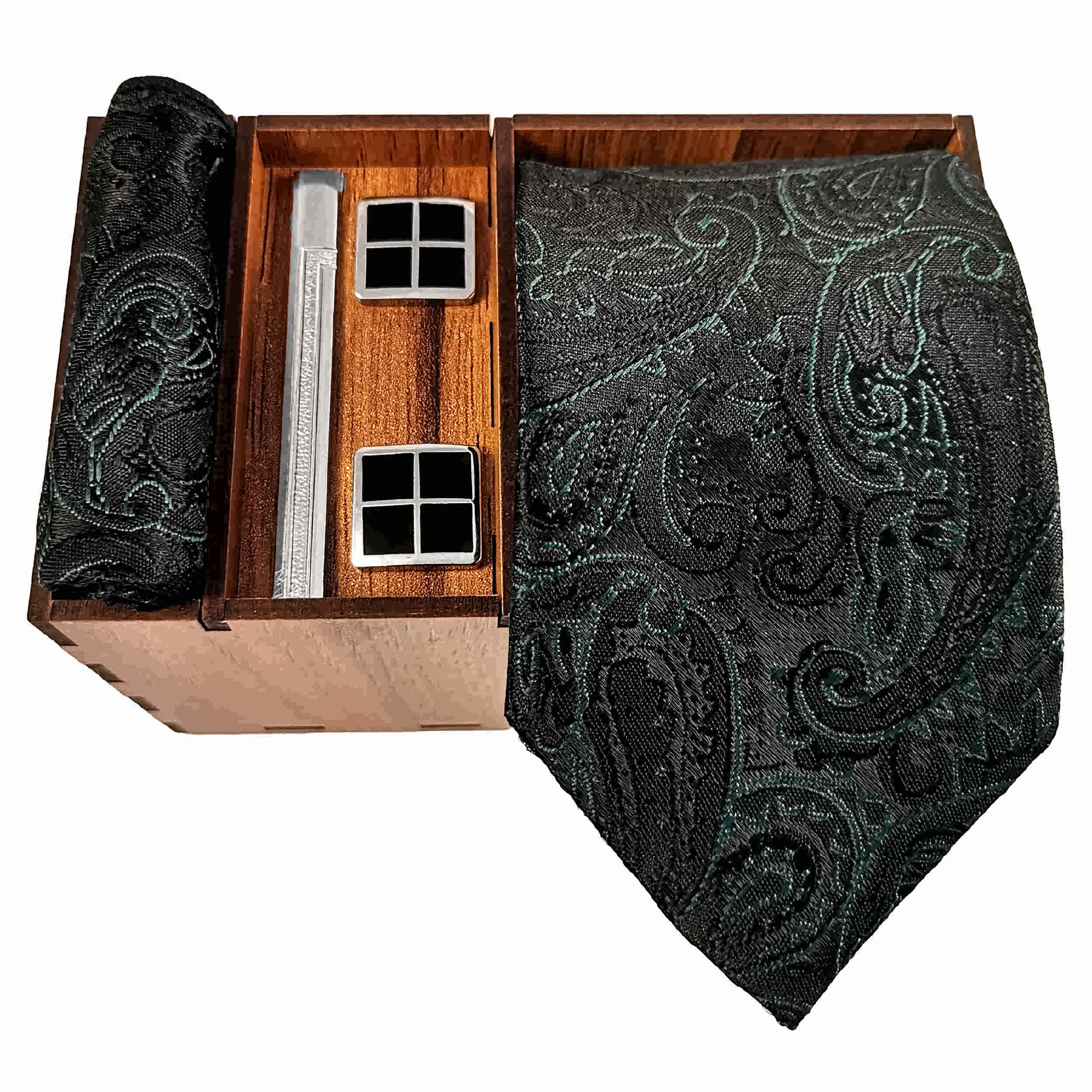 Ensemble Cravate avec Pochette, Boutons de Manchette et Pince à Cravate avec Motif Paisley Vert Foncé