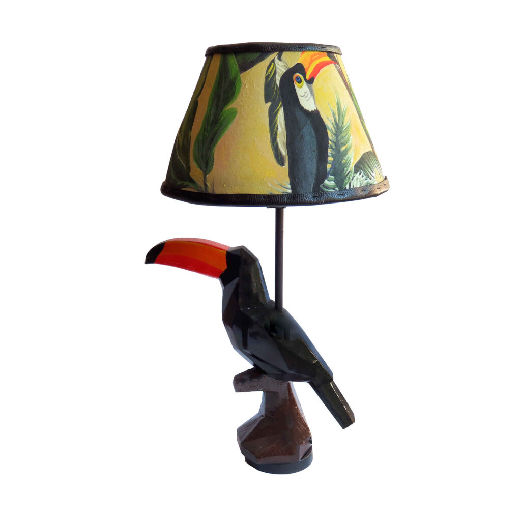 Lampe de table fantaisie – design toucan fait main avec abat-jour en tissu pour une ambiance chaleureuse