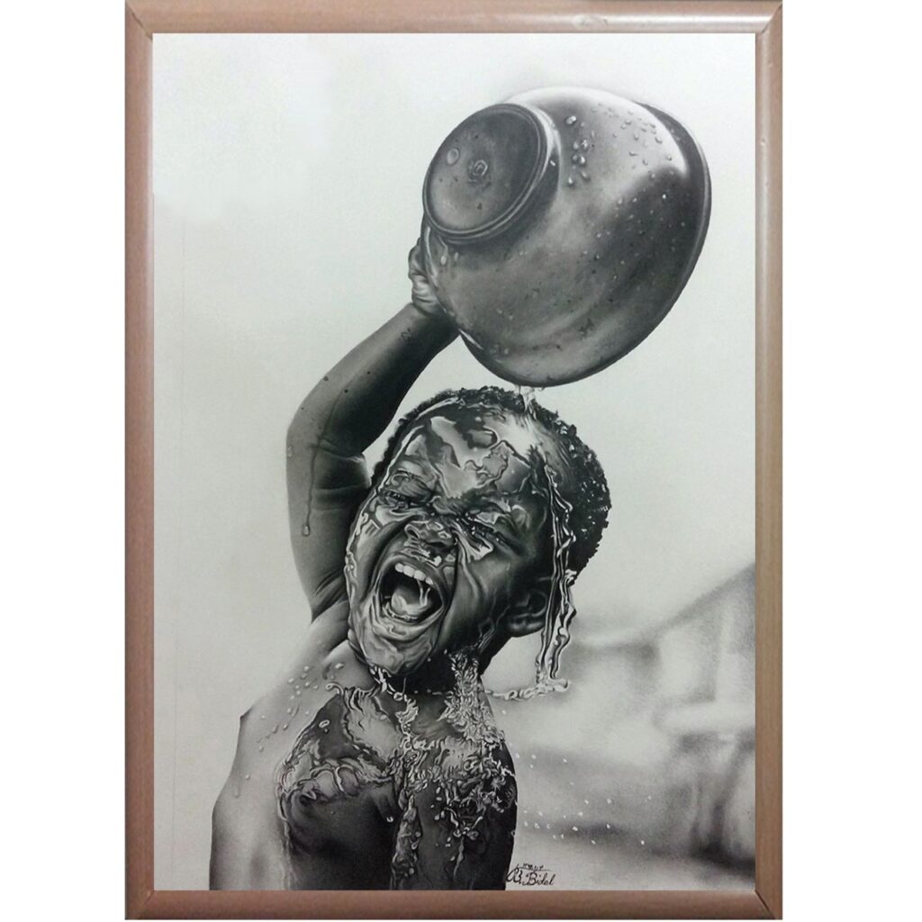 Dessin original au stylo noir – Portrait de petit garçon espiègle