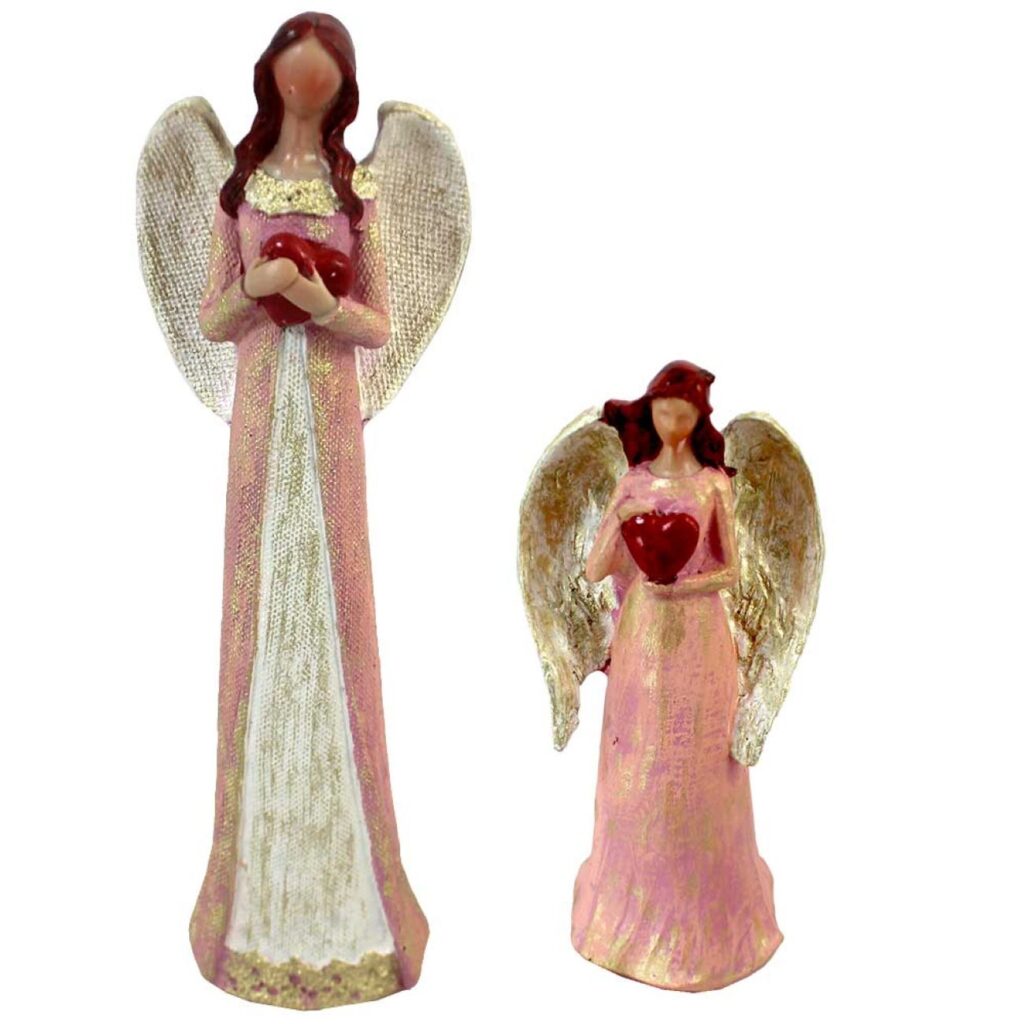 Figurines d'ange tenant des cœurs rouges éclatants d'amour et de dévotion - Ensemble de 2