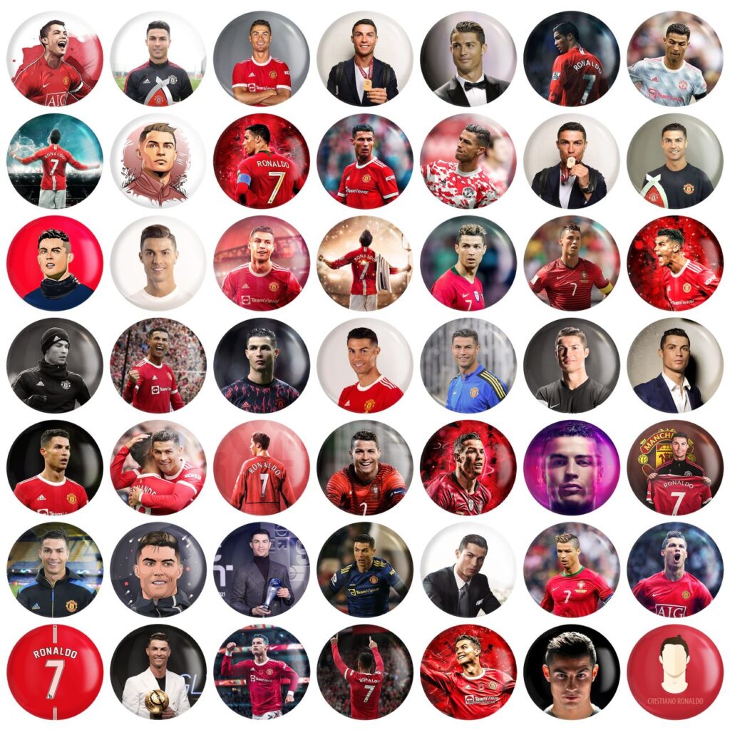 Lot de 49 badges à épingle avec le visage de Cristiano Ronaldo – Parfait pour les fans et les collectionneurs