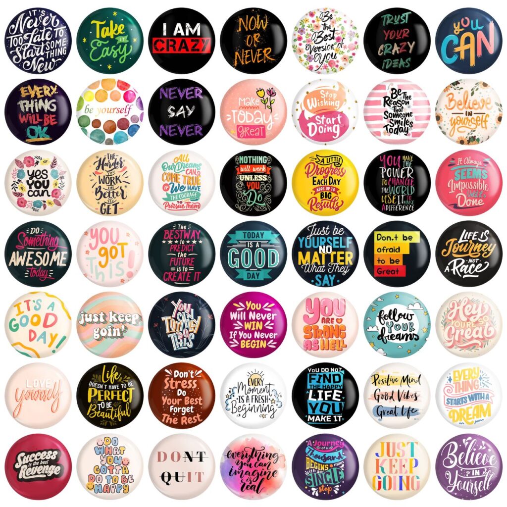 Lot de 49 badges à épingle avec citations motivantes – Une inspiration quotidienne à porter et à partager