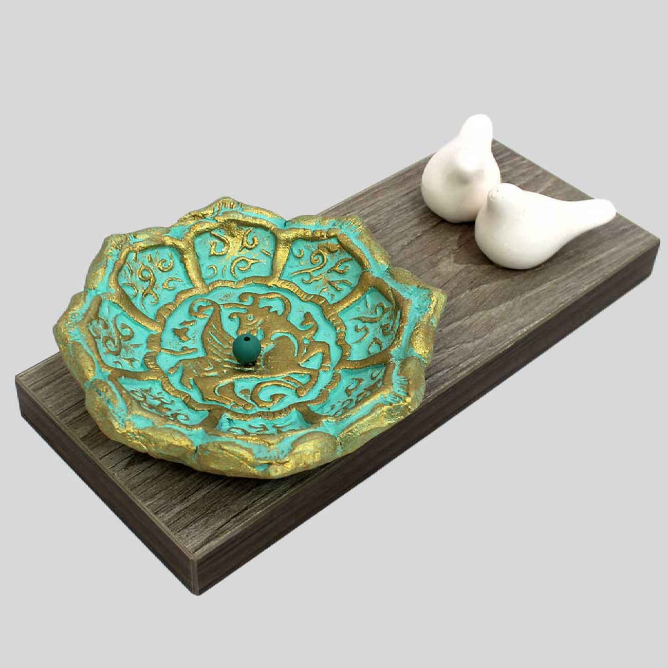 Porte-encens en bois – Design carreaux et oiseaux, parfait pour l’aromathérapie
