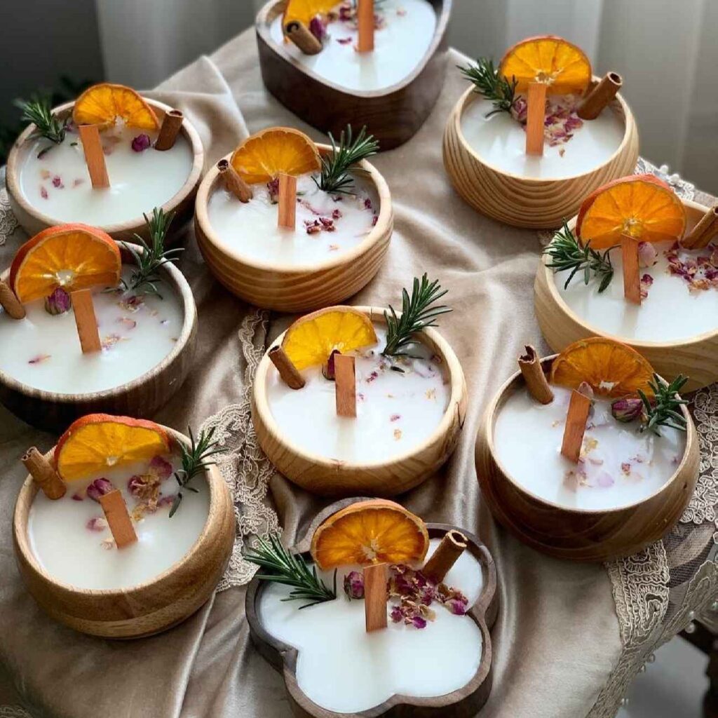 Bougies botaniques aromatiques avec pot en bois et design agrumes