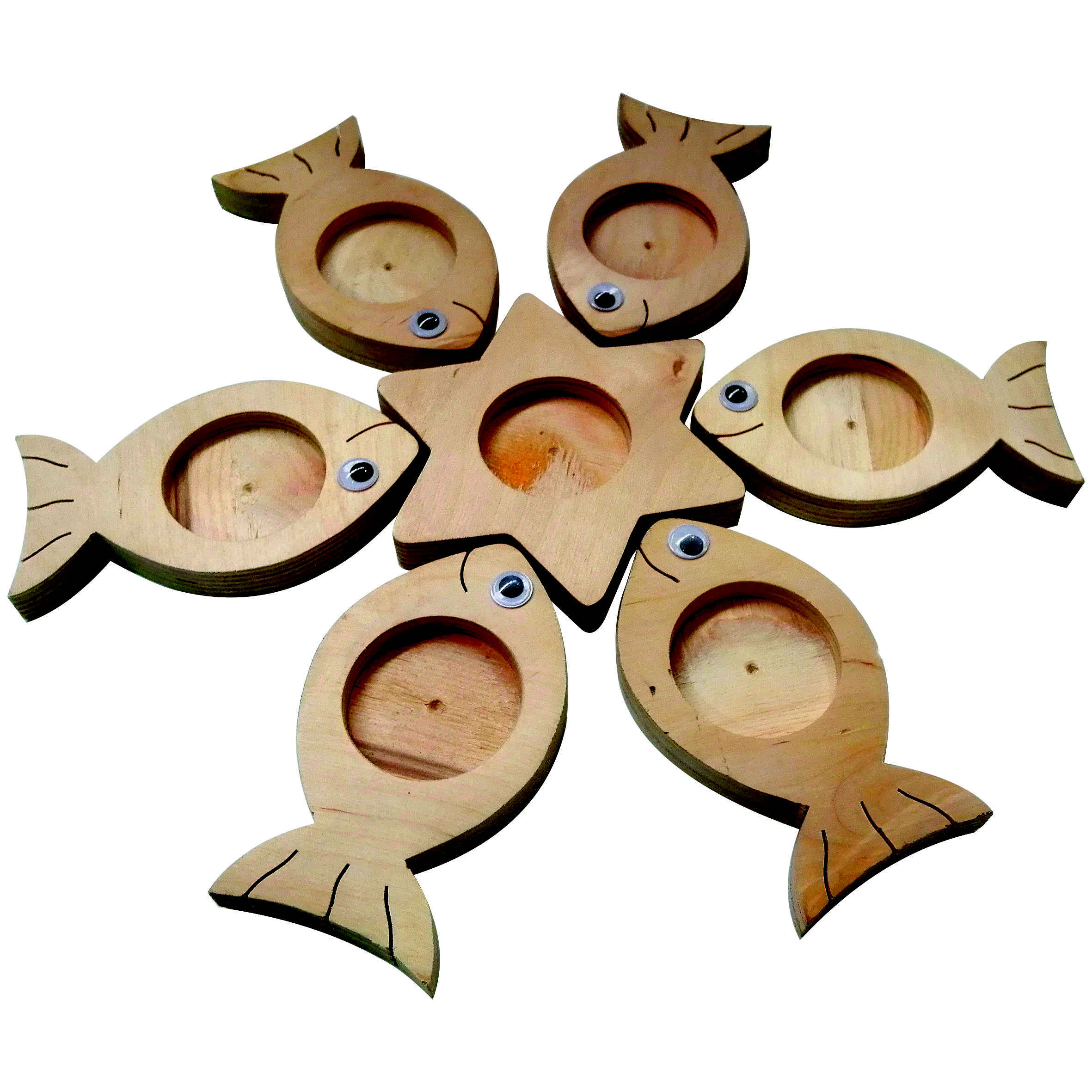 Haft-Seen artistique en bois orné de motifs de poissons symboliques – Pour une décoration originale de Nowruz (7 pièces)