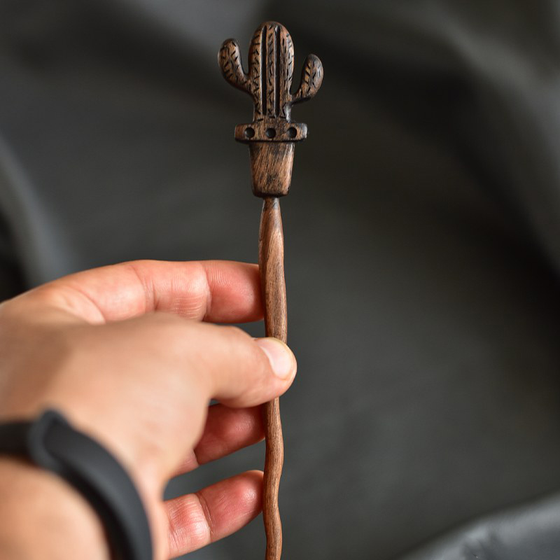Bâtonnet de cheveux en bois Boho – Épingle à Cheveux en Bois Naturel Design Cactus