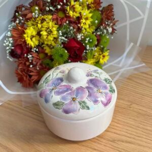 Bol à sucre en céramique avec beau motif floral & couvercle