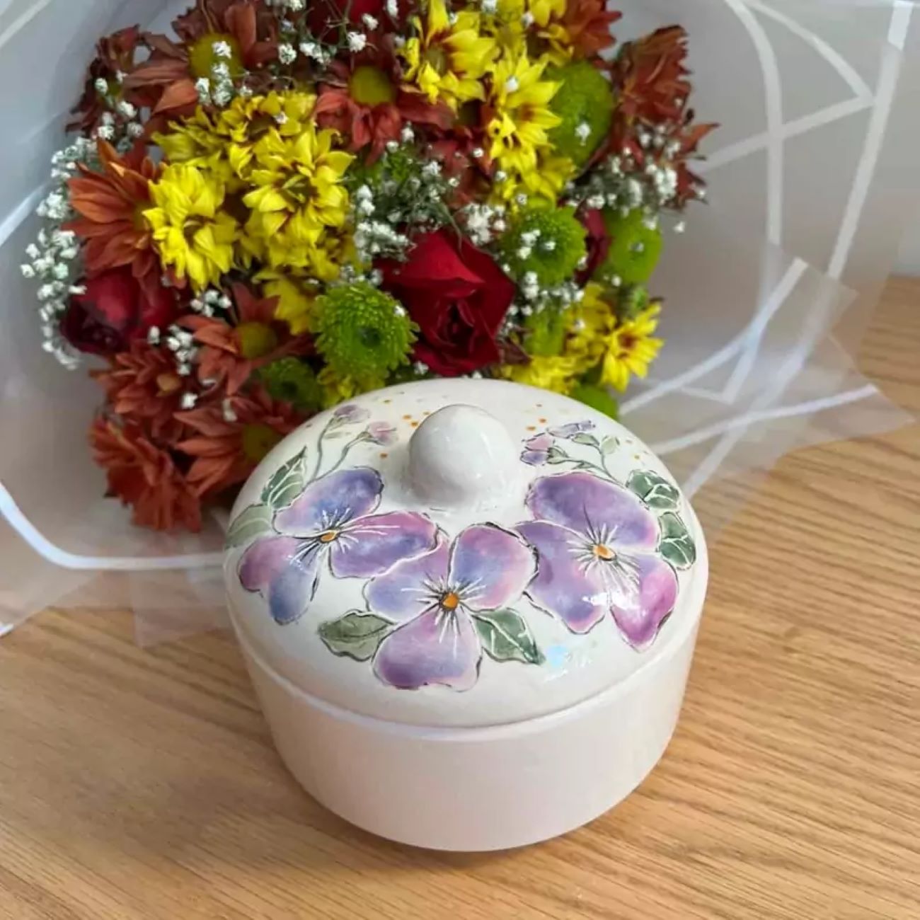 Bol à sucre en céramique avec beau motif floral & couvercle