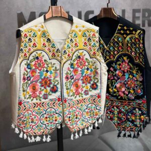 Gilet brodé avec design floral et oiseau pour femmes