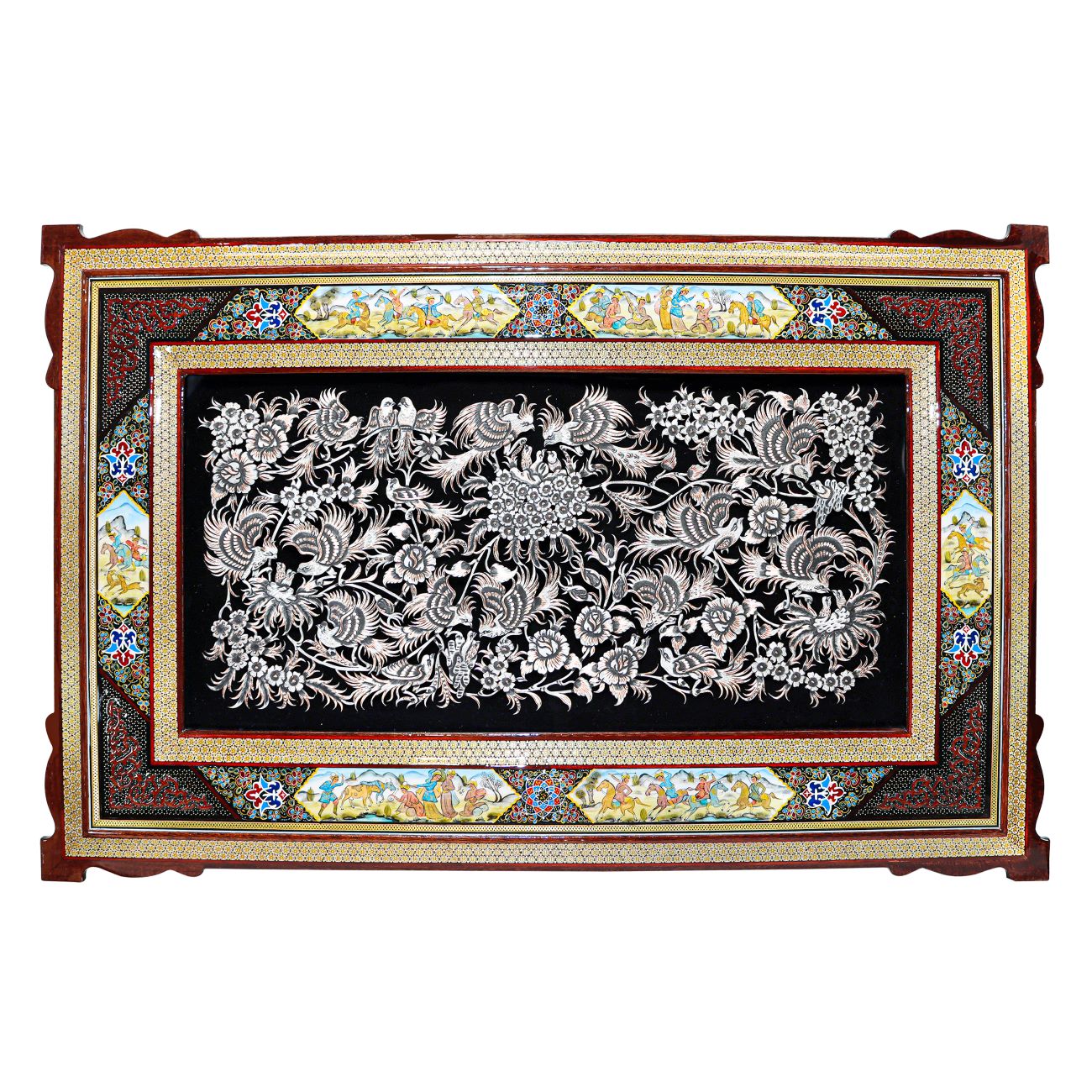 Panneau en laiton gravé avec motif d'oiseau et de fleur dans un cadre Khatamkari