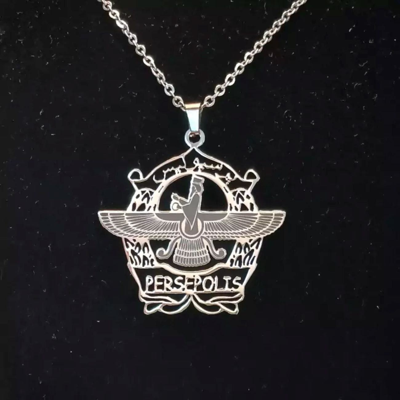 Collier Faravahar et Persépolis avec chaîne en acier inoxydable premium