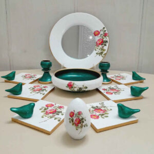Haft-Seen pour le Nouvel An persan – Motifs fleur et oiseau (ensemble de 11 pièces)
