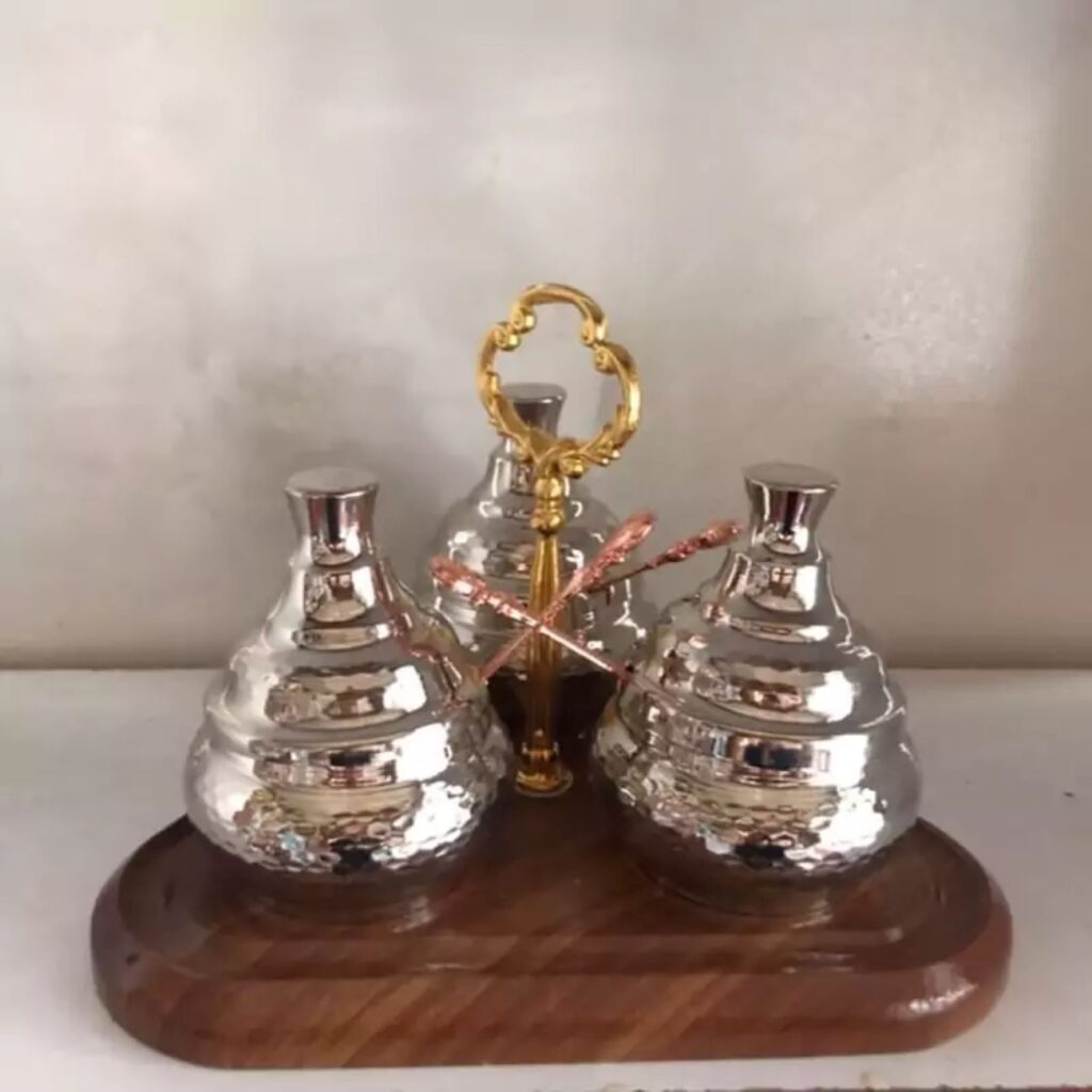 Bocal de stockage en cuivre avec support et cuillère - 3 pièces