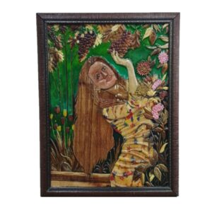 Art en Marqueterie d’une Fille dans un Jardin – Art Fait Main Intemporel et de Luxe
