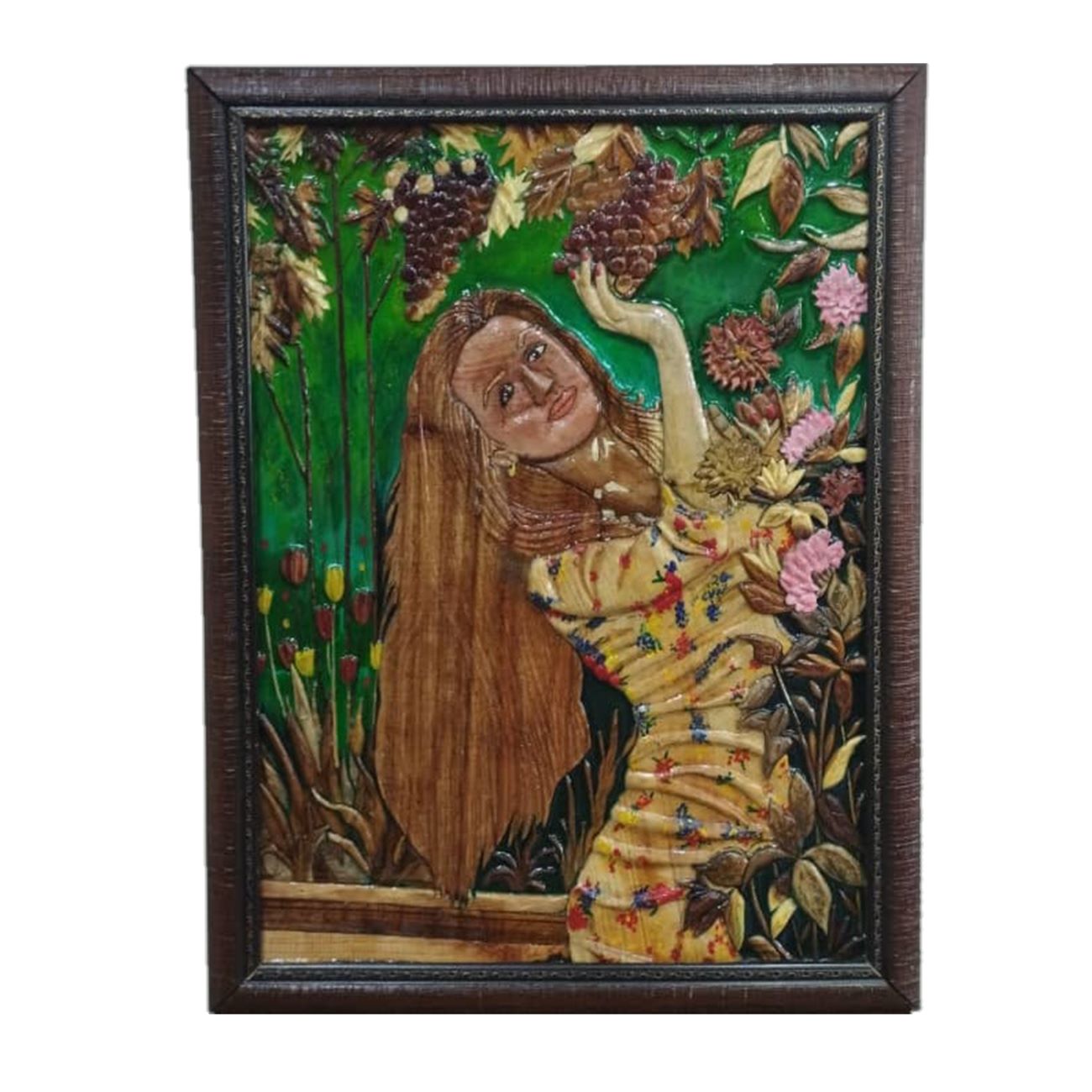Art en Marqueterie d'une Fille dans un Jardin - Art Fait Main Intemporel et de Luxe