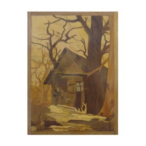 Art en Marqueterie d’une Chaumière Abandonnée – Art Mural Fait Main