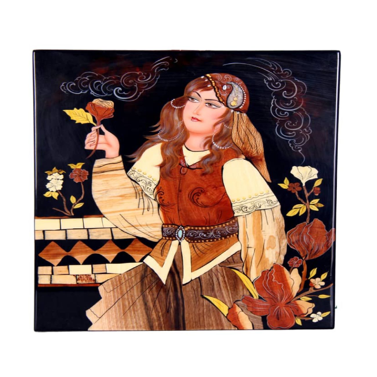 Art en Marqueterie Modèle Miniature - Fille avec Design de Fleur