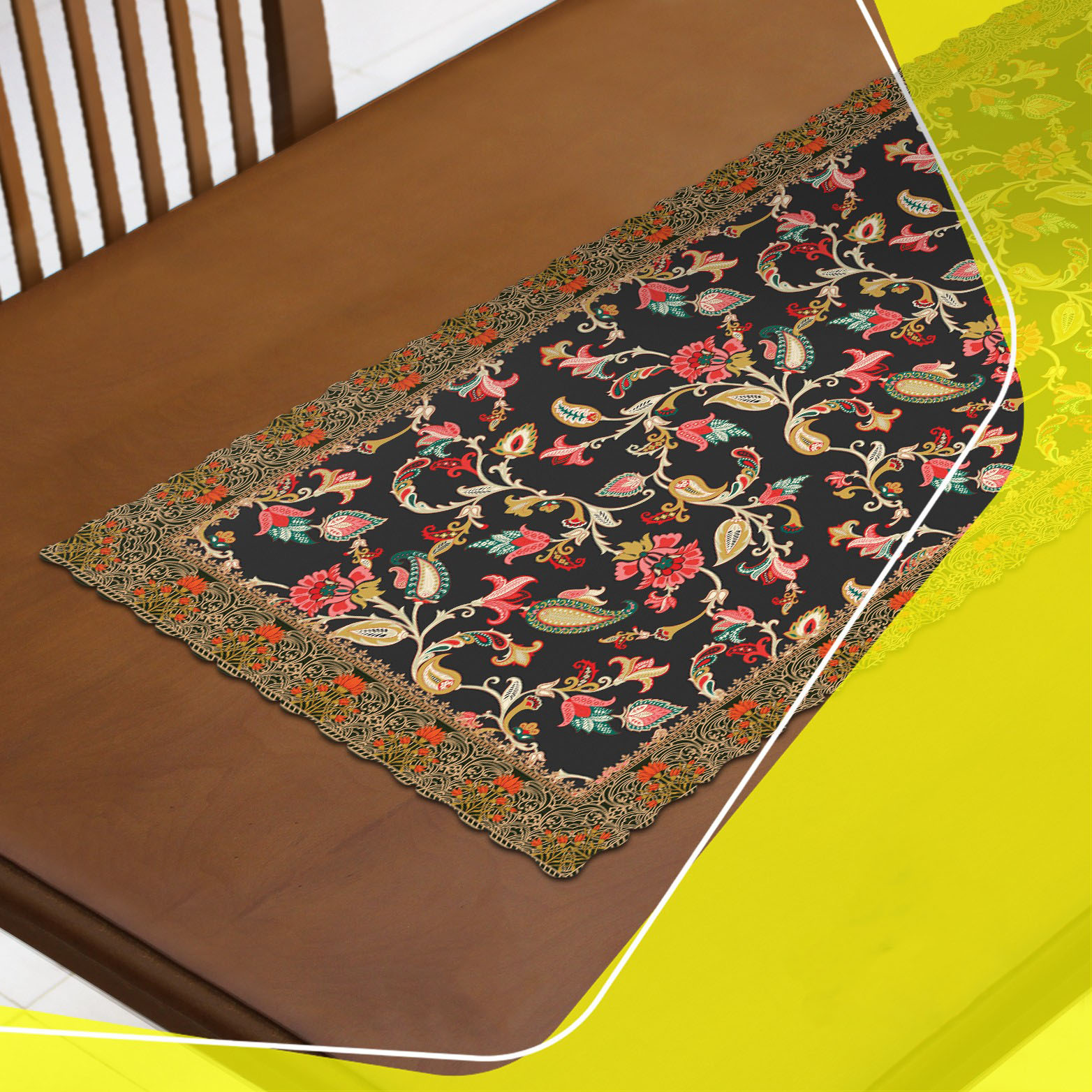 Chemin de table en velours noir inspiré de la tradition persane – Floral