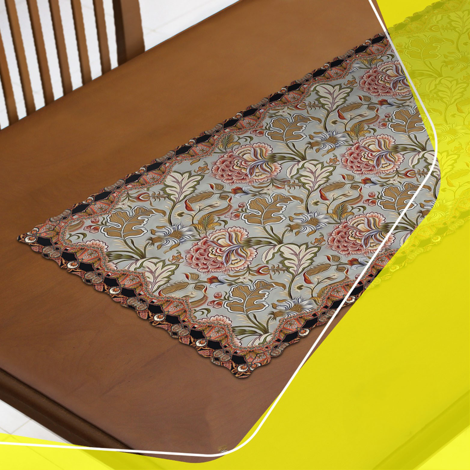 Chemin de table en velours inspiré de la tradition persane – avec grand design floral