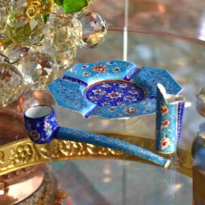 Pipe à fumer persane Minakari & porte-cendres – Chef-d’œuvre d’art