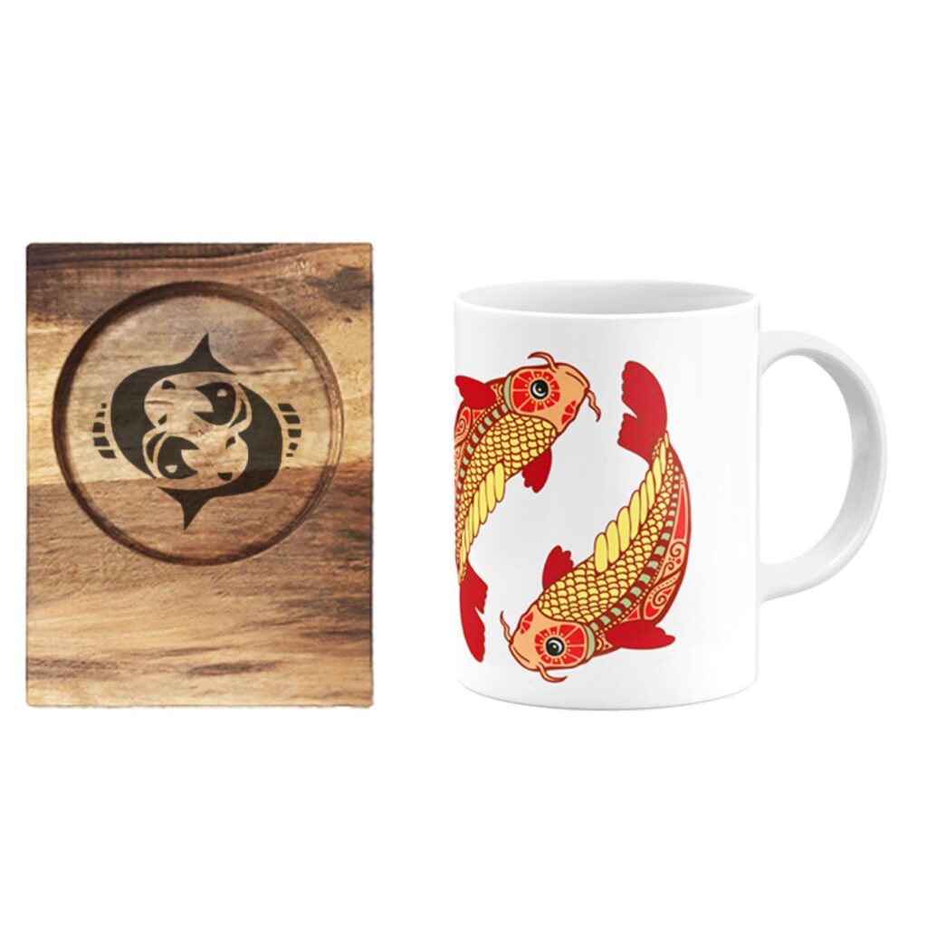 Mug du Zodiaque Persan - Symbole du Mois Esfand (Poissons) avec Sous-Verre