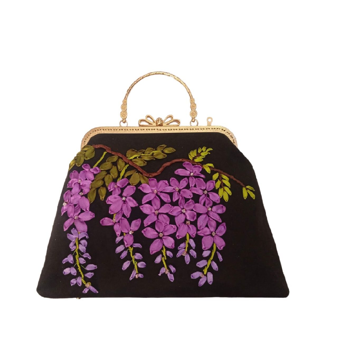 Sac à main brodé de ruban avec design floral cascade – Style élégant et artistique
