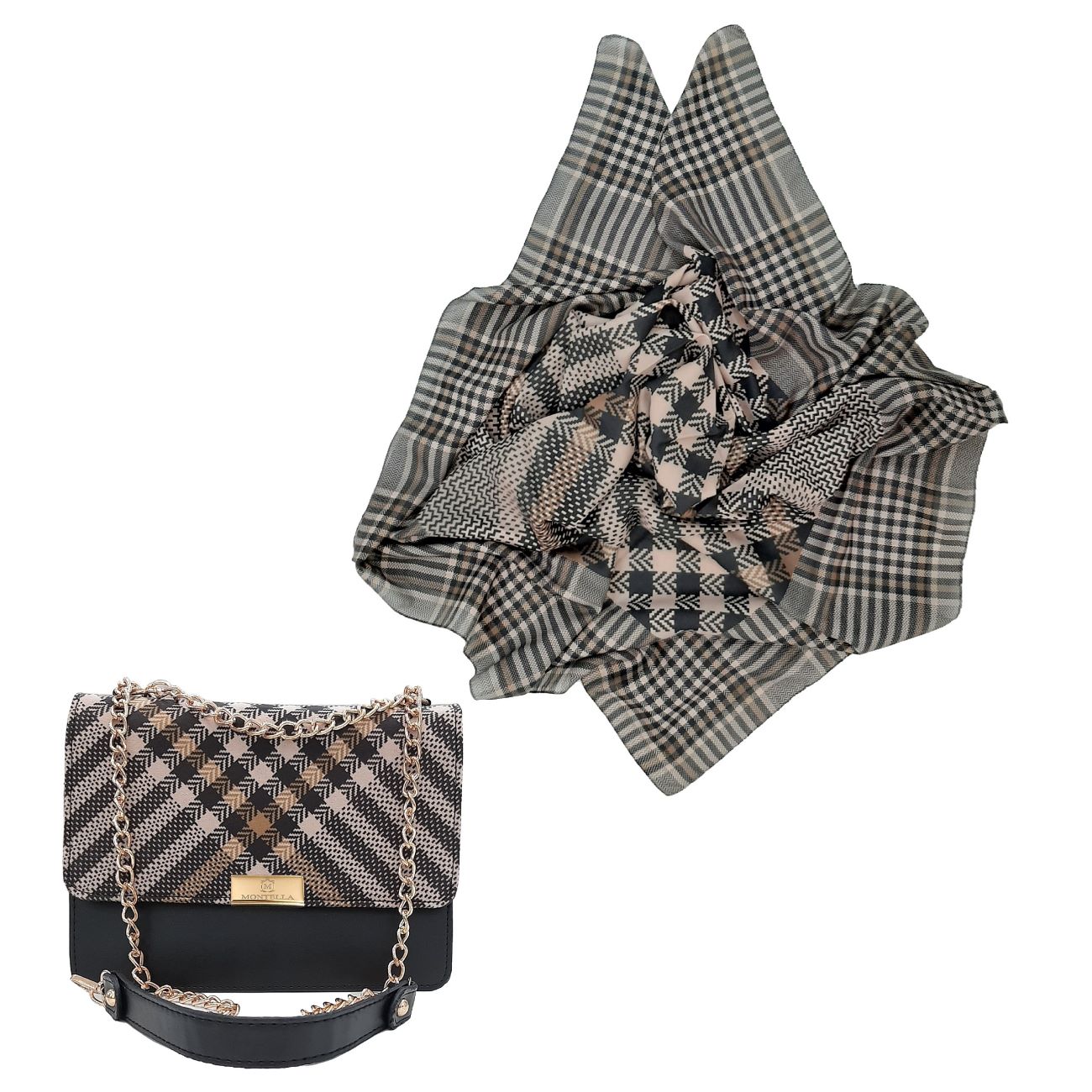 Sac à épaule avec chaîne et foulard à motifs assortis