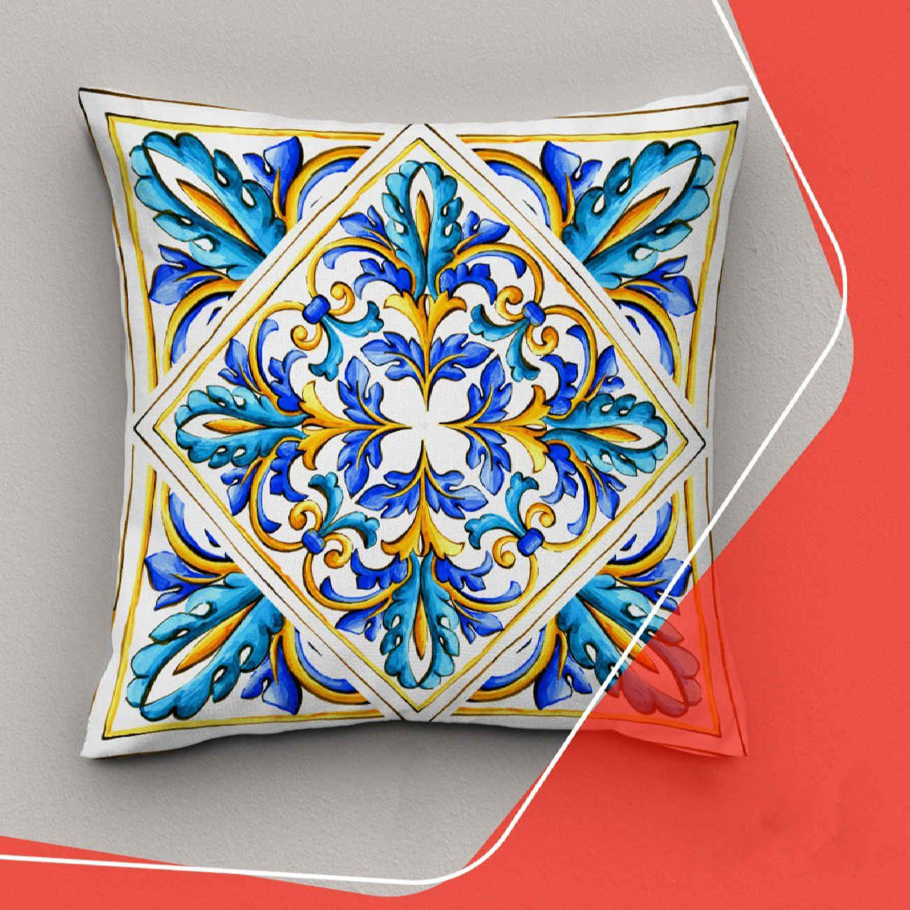 Housses de coussin décoratives avec motif géométrique et floral Majolique italienne bleue (Set de 2)