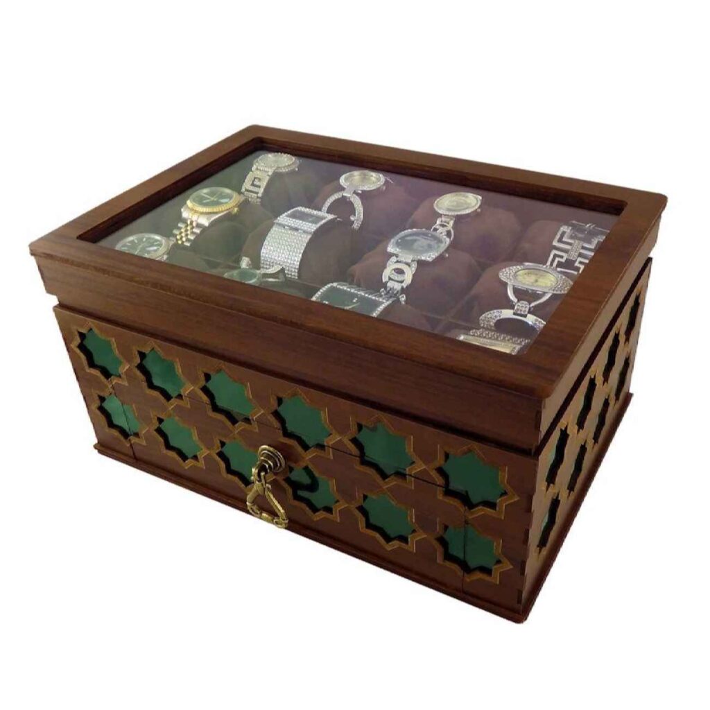 Organisateur à étages pour montres en bois avec motif géométrique