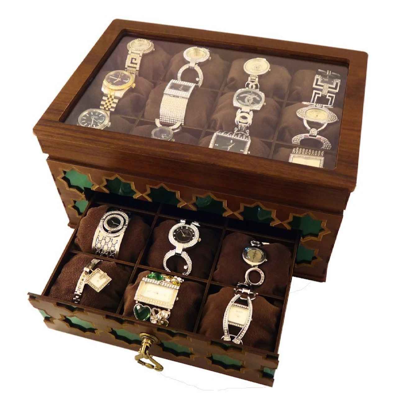 Organisateur à étages pour montres en bois avec motif géométrique