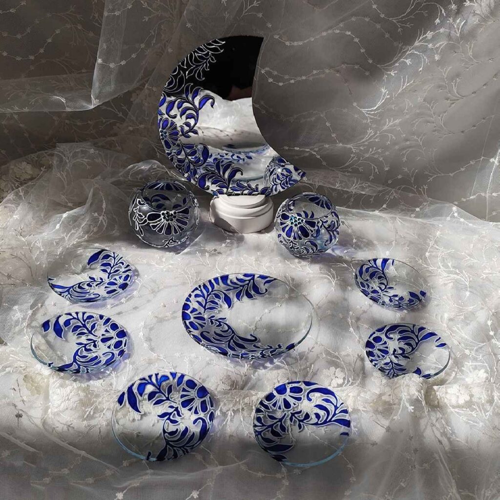 Haft-Seen Vitarail avec miroir, aquarium et grand plateau – Motif floral (ensemble de 9)