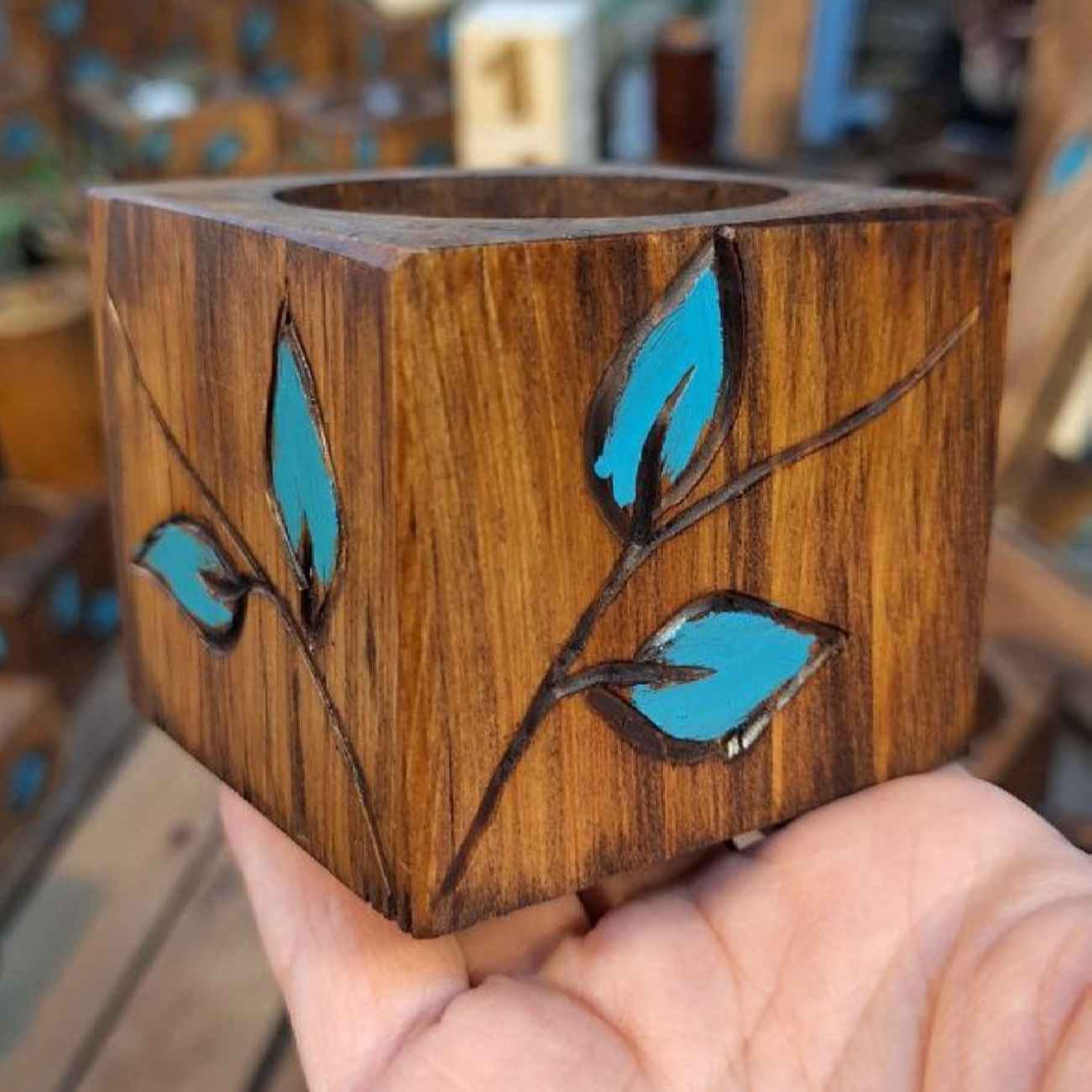 Ensemble Haft-Seen en bois avec miroir – Motif feuille bleue, pour Nowruz