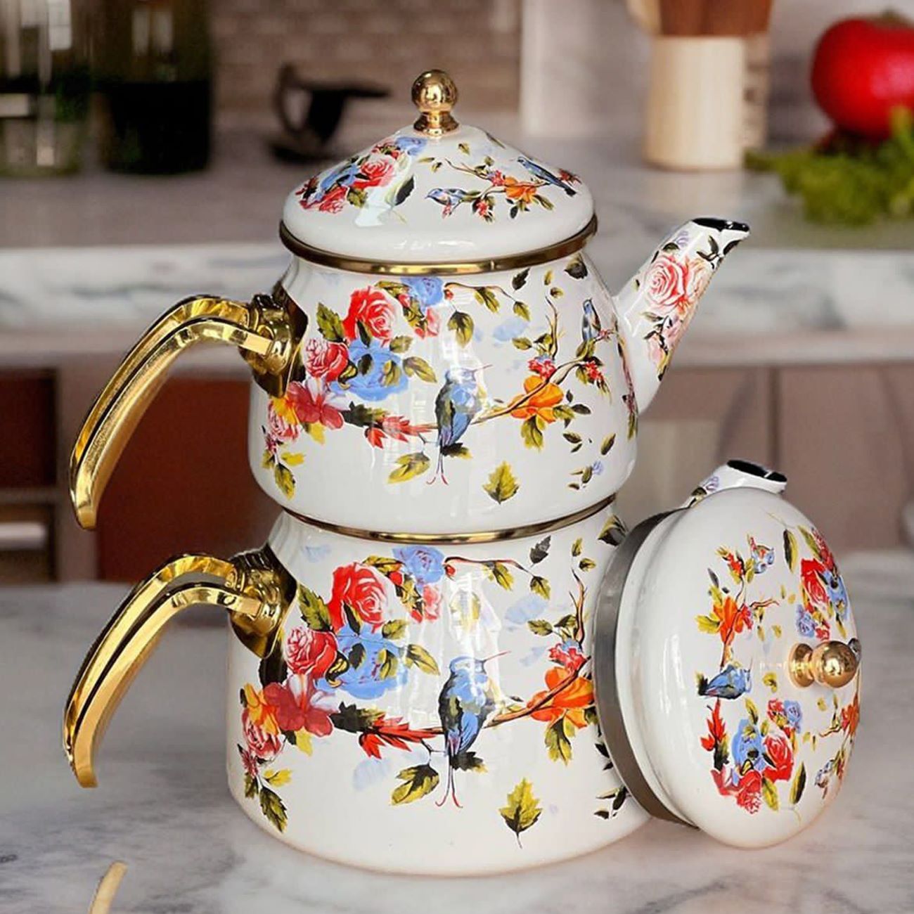 Ensemble Théière et Bouilloire en Émail – Motif Floral et Oiseaux