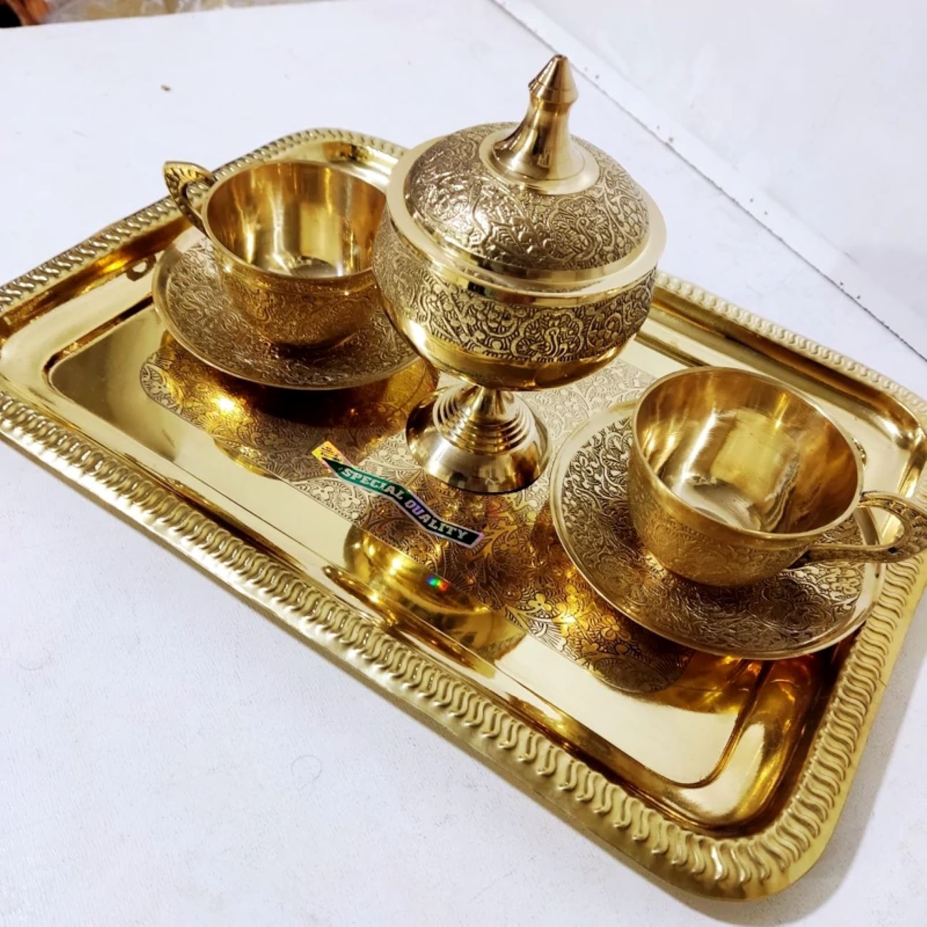 Service à Thé Vintage en Laiton – Design Raffiné pour les Amateurs de Thé Classique, Idéal pour Deux Personnes
