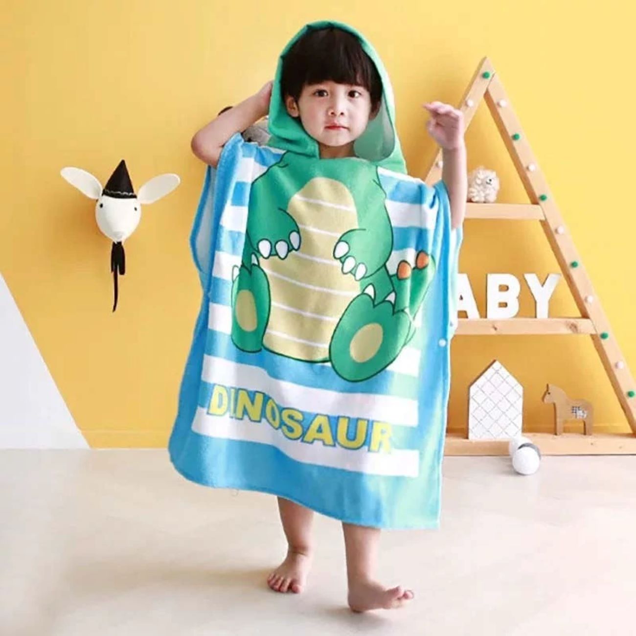 Poncho serviette bleu pour enfants avec motif dinosaure