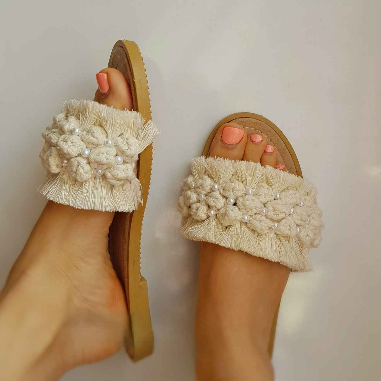 Sandale d’Intérieur Macramé Bohème – Ornée de Perles, Confortable pour un Port Prolongé