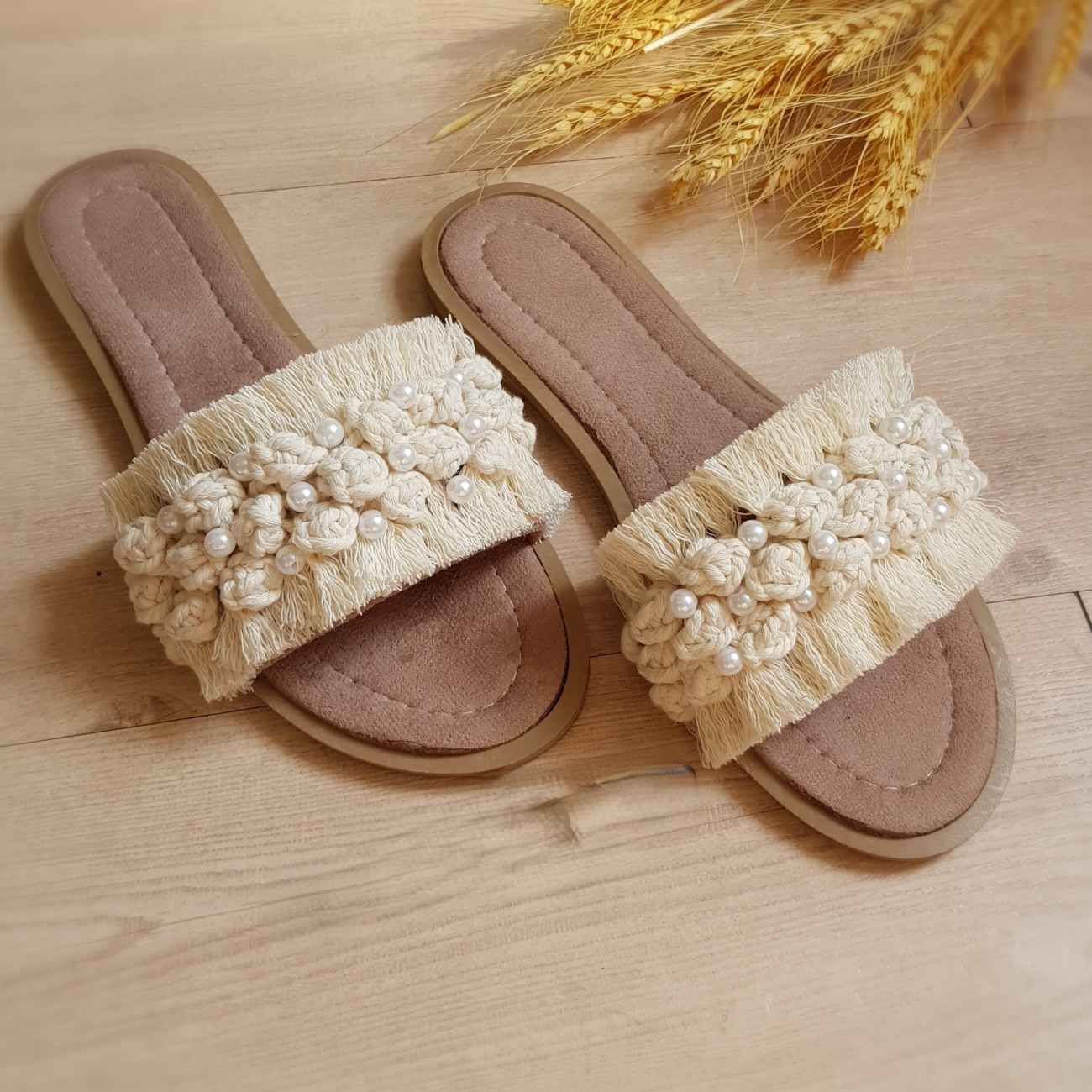 Sandale d’Intérieur Macramé Bohème – Ornée de Perles, Confortable pour un Port Prolongé