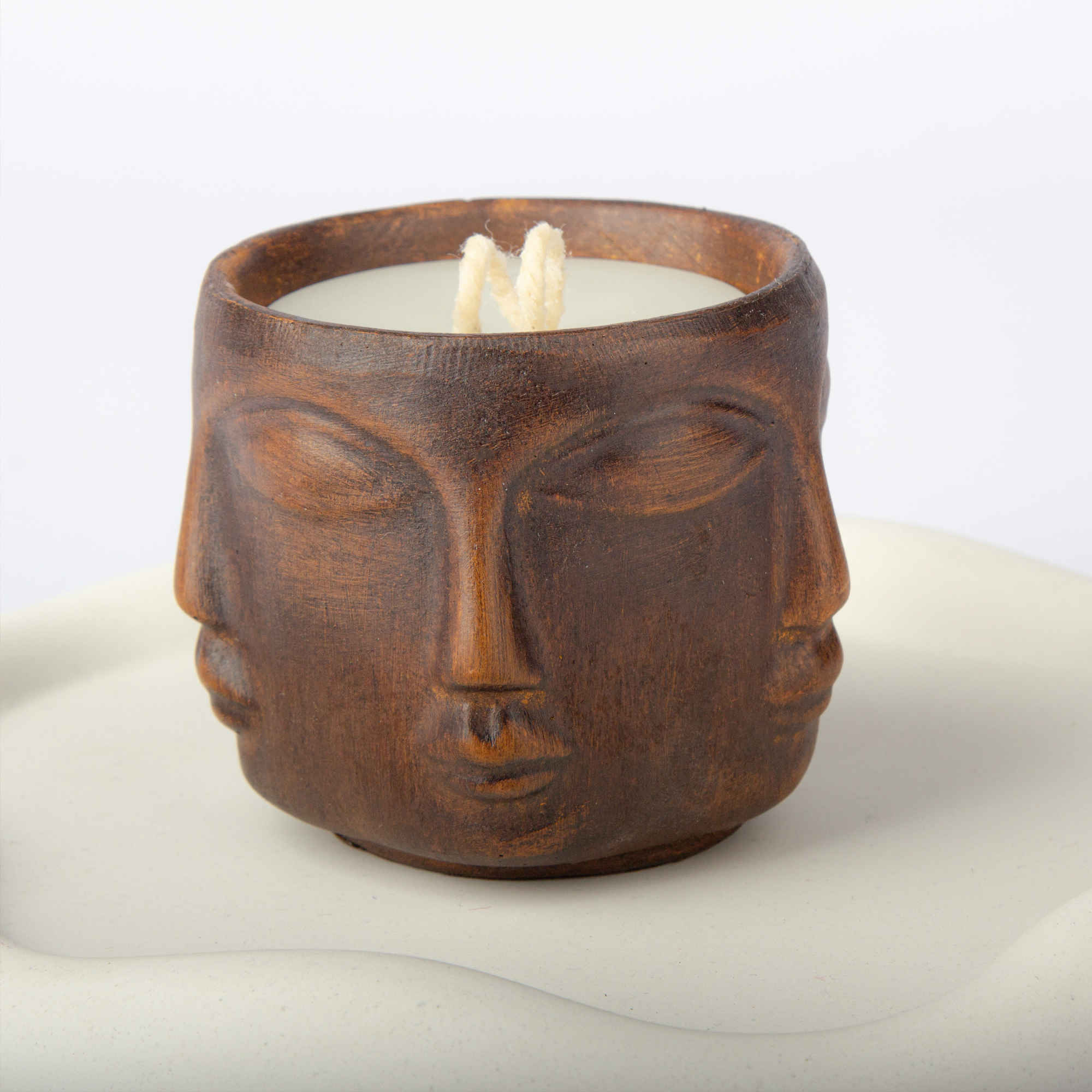 Bougie Décorative en Pot Bois, Durable et Style Rustique avec Motif Visage